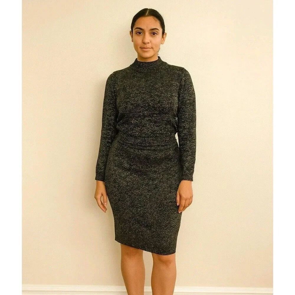 Diane von Furstenberg Wool Blend 2 Piece Sweater Skirt Set Sz M Metallic Glam